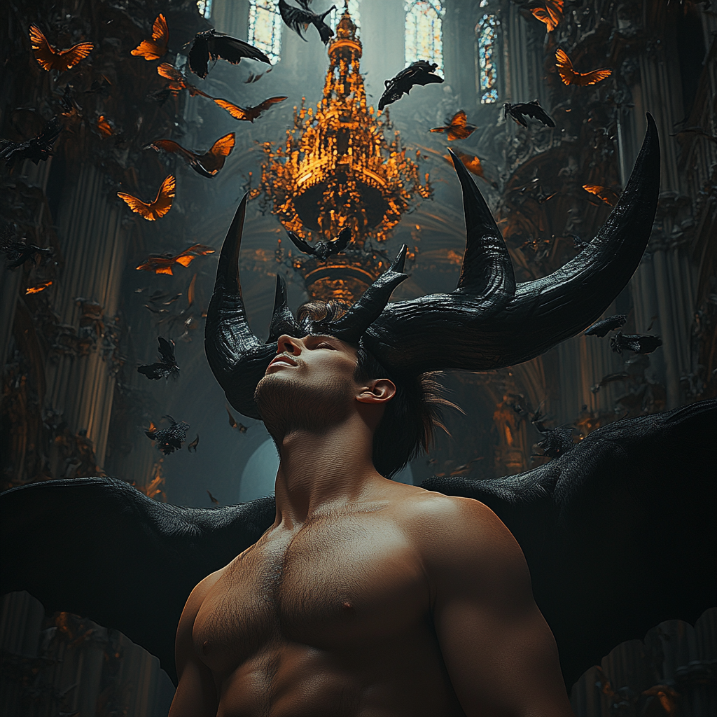 Horned fantasy figure in a cathedral setting