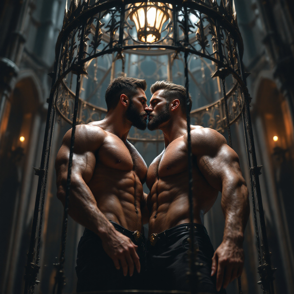 Two men in a dramatic cathedral setting